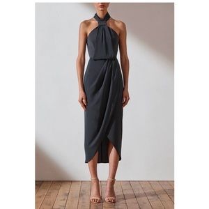 Shona Joy Knot Draped Halter Midi Dress in Charcoal Grey size 10